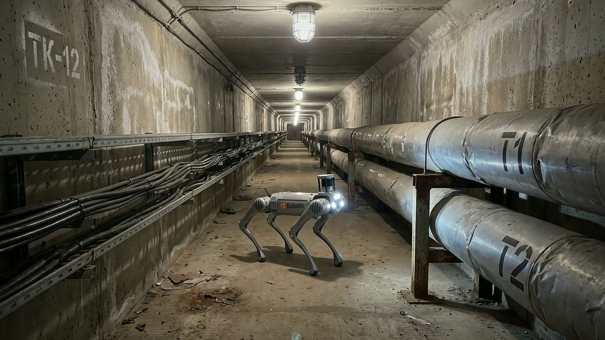 Робособака 13 Robots светит фарами на трубы в коллекторе теплосети