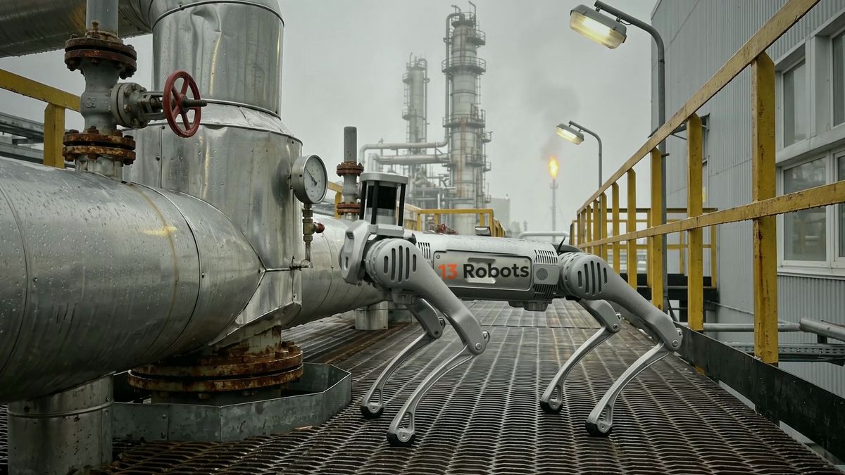 Робособака 13 Robots проверяет манометр на эстакаде НПЗ под дождём