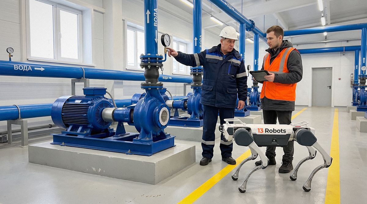 Оператор насосной показывает инженеру манометр, рядом робособака 13 Robots