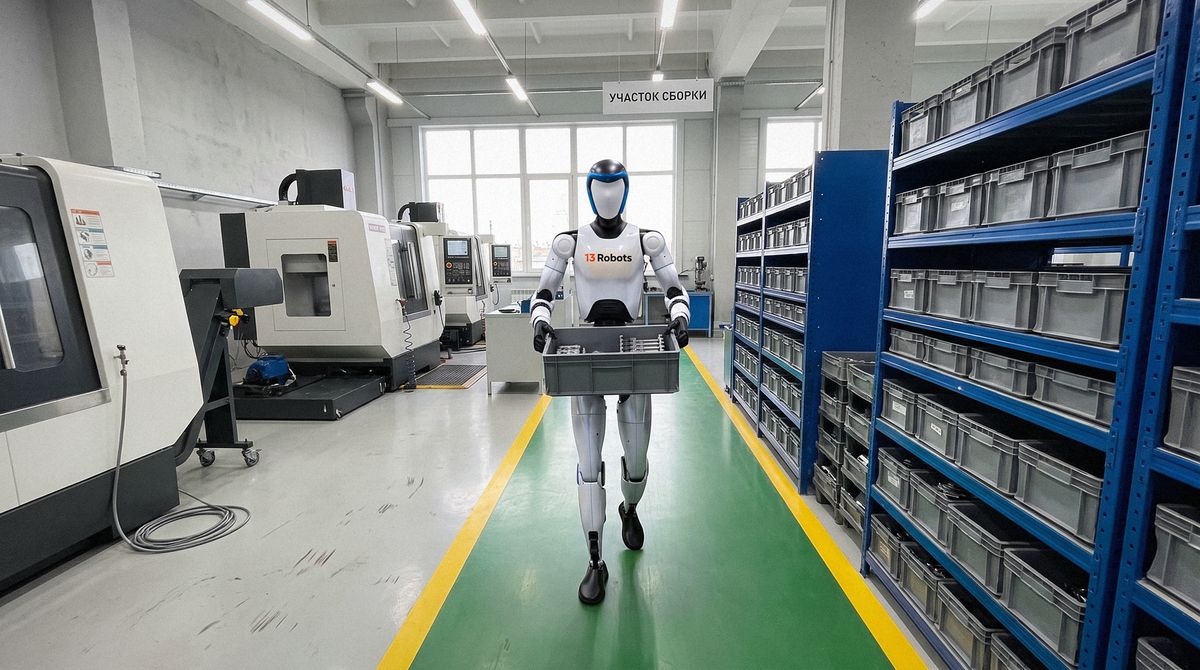 Гуманоидный робот 13 Robots несёт ящик с деталями по сборочному участку