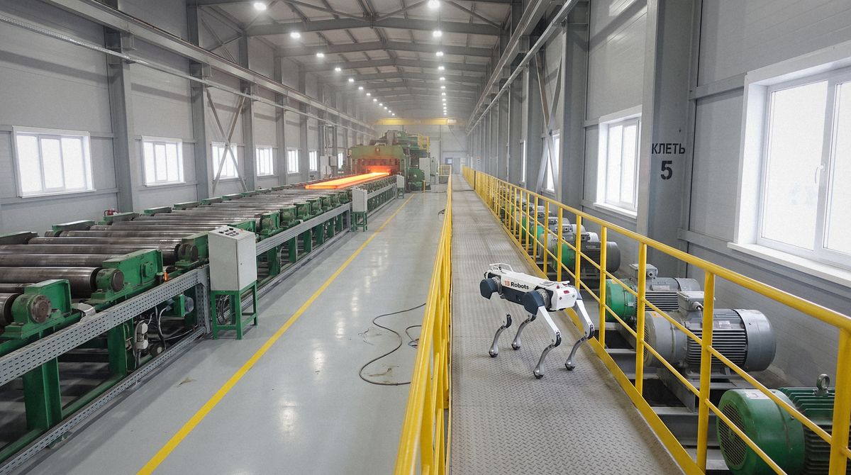 Робособака 13 Robots идёт по галерее прокатного стана вдоль приводов рольганга