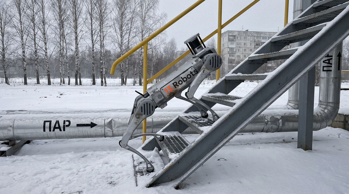 Робособака 13 Robots поднимается по заснеженной лестнице на эстакаду химического завода, за деревьями — панельный дом