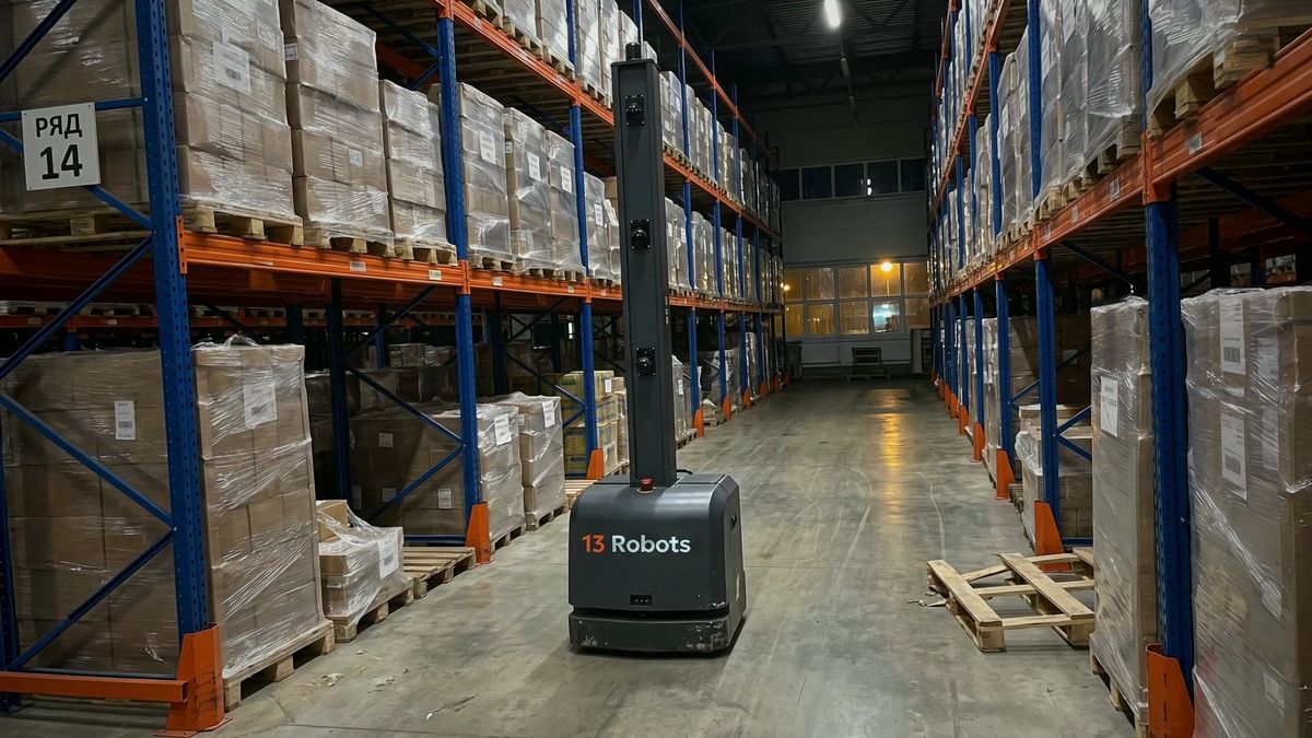 Робот-инвентаризатор 13 Robots едет по проходу склада ночью